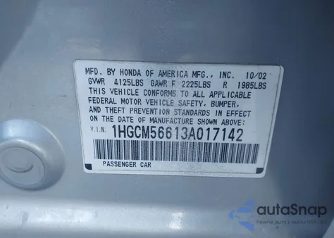 2003 Honda Accord 2.4 Ex from USA, damaged, VIN 1HGCM56613A017142